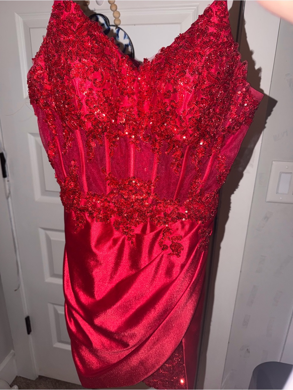 Red Beaded Satin Cocktail Dress